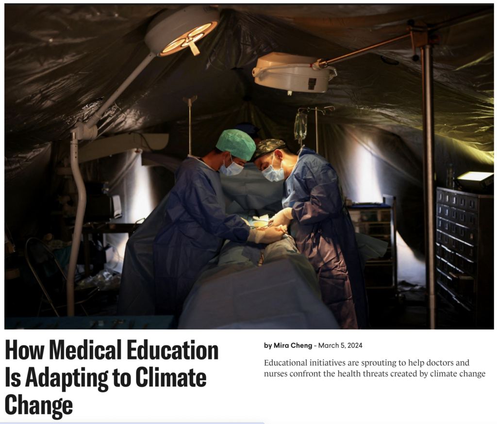 Text reads: How medical education is adapting to climate change. Image is of a doctors responding to earthquake victims.